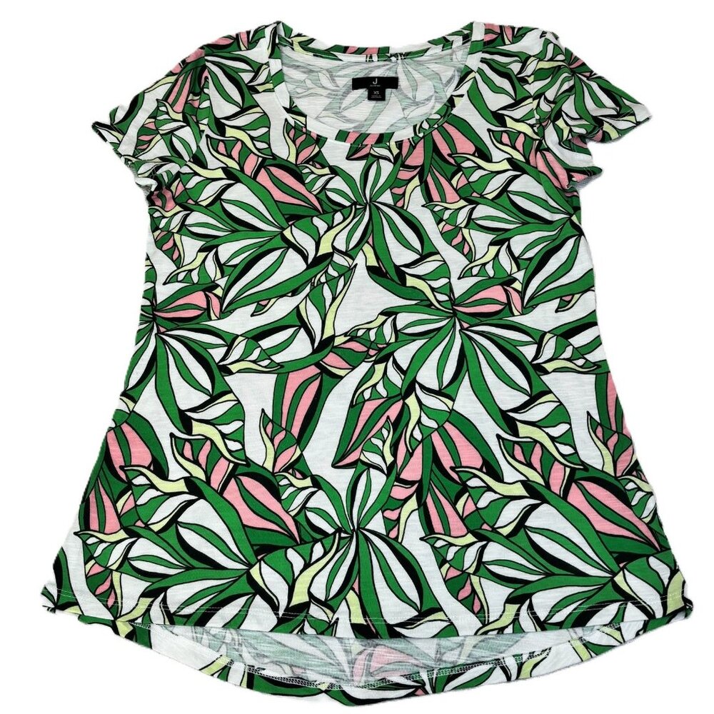 J Jason Wu Women's XS Pink Green White Leaf Print Scoop Neck Short Sleeve